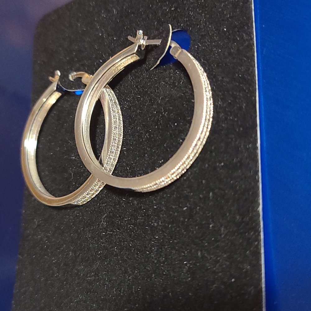 Sterling Silver & Cubic Zirconia (?) Hoop Earrings
